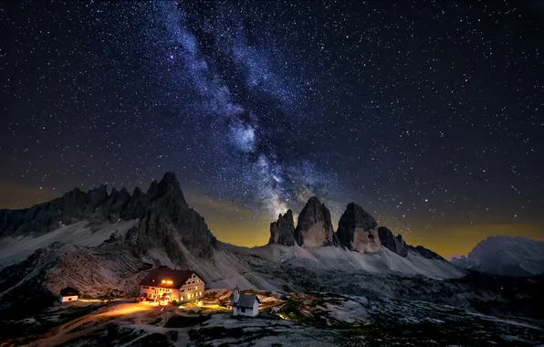 Picture mountains, night, nature, house