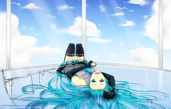 The sky, birds, pose, Girl, lies, microphone, vocaloid, hatsune miku
