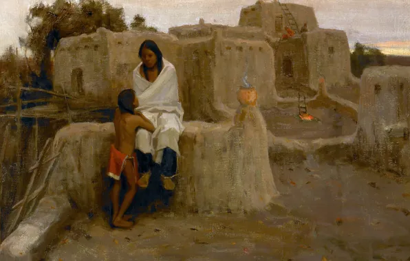 Picture brother and sister, Eanger Irving Couse, The Lesson, the dwellings of the Indians