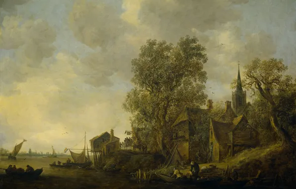 Landscape, oil, picture, Jan van Goyen, View of the Village on the River