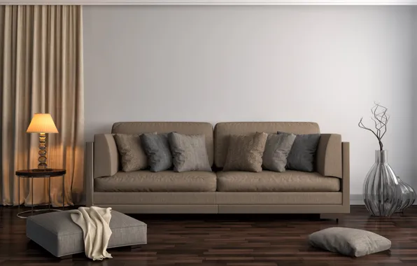 Design, sofa, lamp, interior, pillow, Ottoman, living room, vases