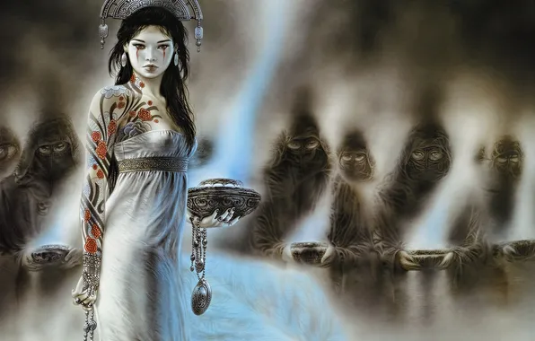 Picture girl, crown, makeup, tattoo, tattoo, Asian, Princess, Luis Royo