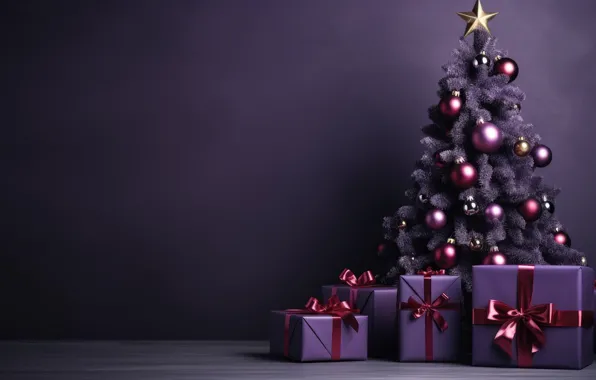 Balls, the dark background, Christmas, purple, gifts, New year, tree, bows