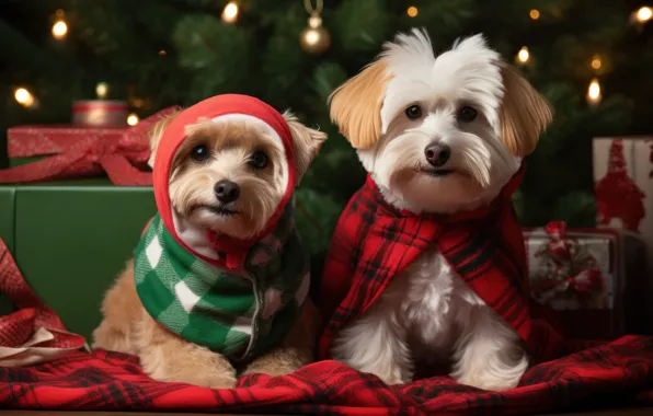 Dogs, look, pose, portrait, dog, Christmas, New year, a couple