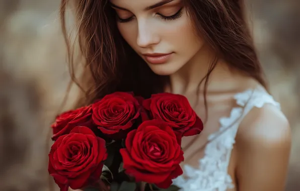 Girl, flowers, portrait, roses, bouquet, red, brown hair, beauty