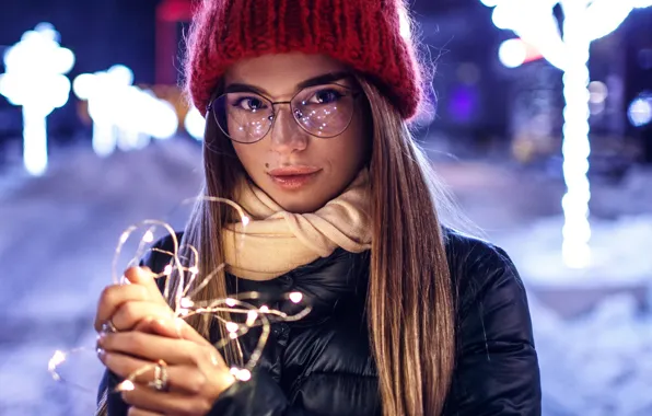 Winter, look, lights, model, hat, Girl, glasses, Sergey Sorokin