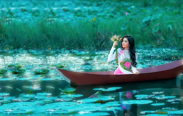 Picture girl, lake, boat, Asian