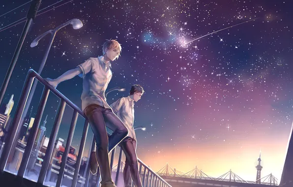 Stars, night, the city, lights, guys, shooting star, Kuroko from Basket, Kiyoshi Teppei