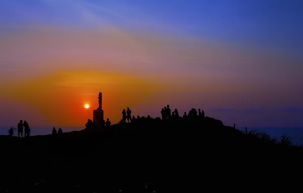 The sky, the sun, clouds, sunset, hills, people, silhouette