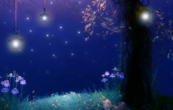 Flowers, night, tree, foliage, mushrooms, stars, lights