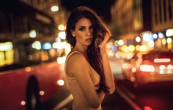 City, glare, model, colors, brunette, light, beautiful, the beauty