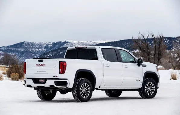 White, snow, pickup, GMC, Sierra, AT4, 2019