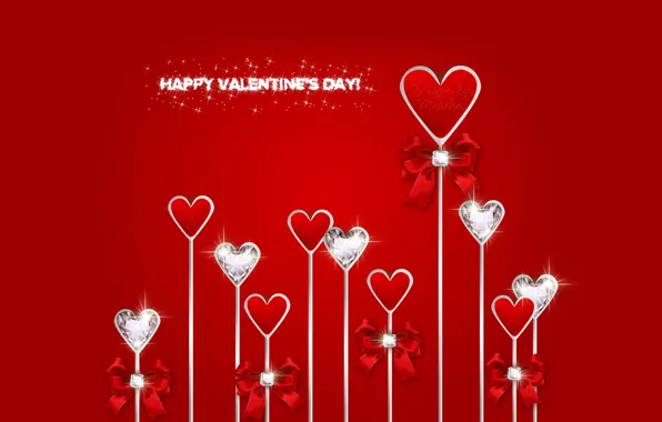 Heart, diamonds, red, love, bow, heart, romantic, Valentine's Day