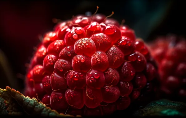 Drops, macro, berries, raspberry, rendering, leaf, berry, digital art