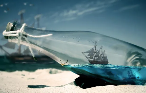 Picture sand, sea, boat, in the bottle