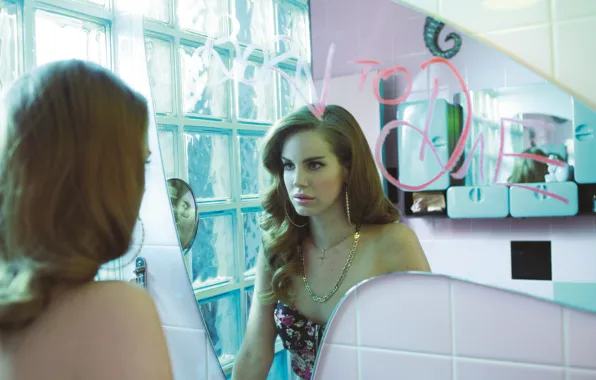 Reflection, room, the inscription, mirror, lipstick, singer, bathroom, model
