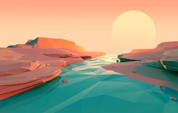 The sun, Mountains, River, Graphics, Low Poly