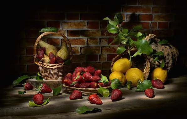 Leaves, berries, the dark background, food, strawberry, fruit, still life, basket