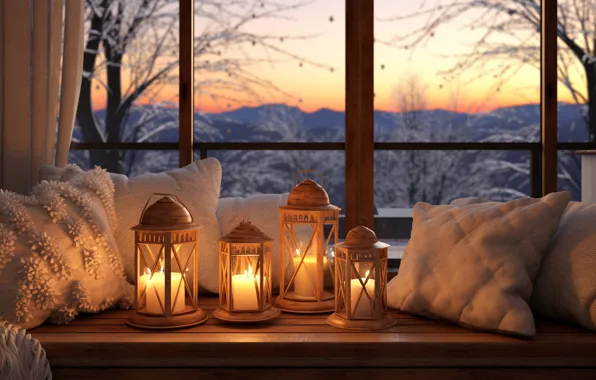 Comfort, heat, room, furniture, interior, pillow, candles, Christmas