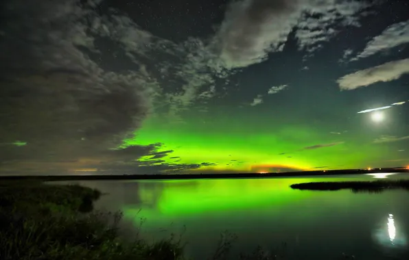 Picture clouds, nature, lake, green grass, beauty, Northern lights, nature, the reflection in the water