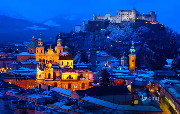 Winter, snow, mountains, night, lights, castle, home, Austria