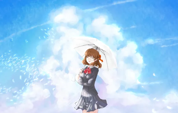The sky, girl, clouds, birds, umbrella, anime, art, schoolgirl