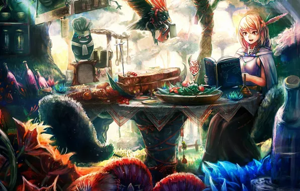 Grass, girl, flowers, table, bird, bottle, art, book