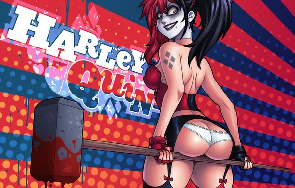 Ass, girl, batman, blood, panties, villain, sledgehammer, harley quinn
