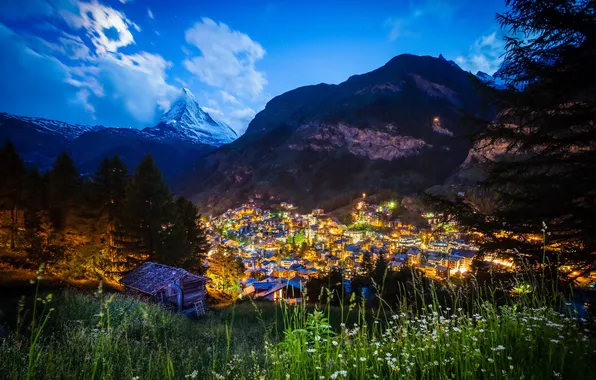 Landscape, mountains, night, lights, Moonlit Matterhorn
