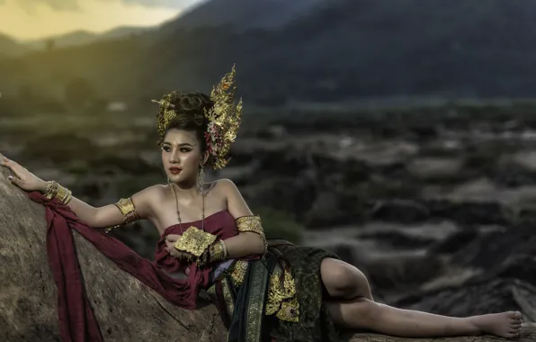 Girl, decoration, mountains, stones, outfit