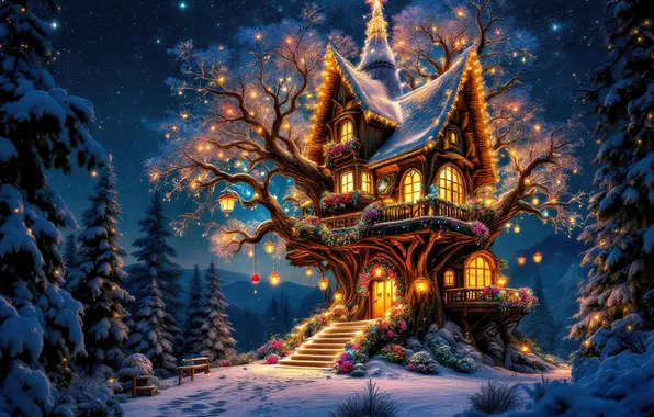 Winter, forest, snow, night, branches, lights, house, tree