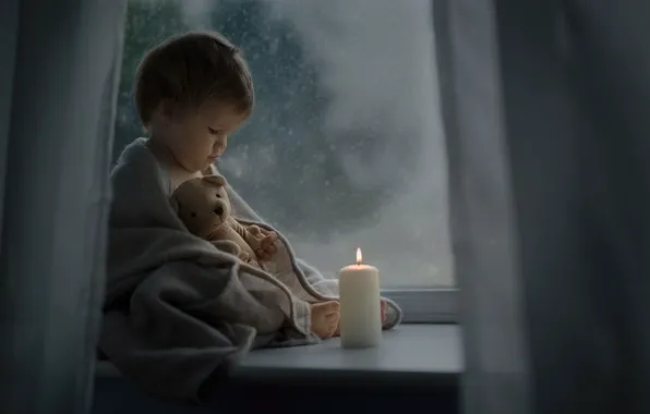 Night, toy, candle, baby, window, bear, sill, shawl