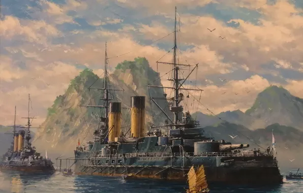Artist, Zaikin Alexander, Battleships in Van Fang Bay in April 1905