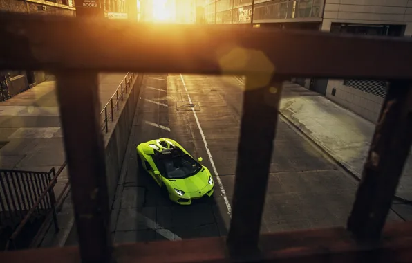 Picture Roadster, Lamborghini, City, Chicago, Green, Front, Sunset, Downtown