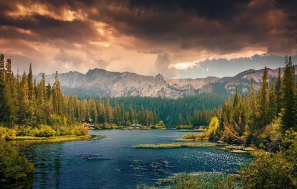 Autumn, forest, the sky, water, clouds, mountains, clouds, river