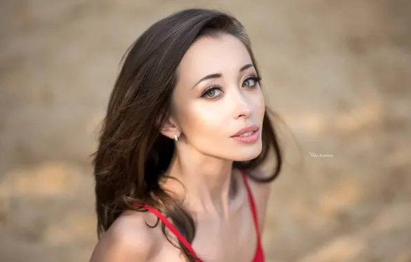 Picture look, model, portrait, makeup, hairstyle, brown hair, in red, bokeh