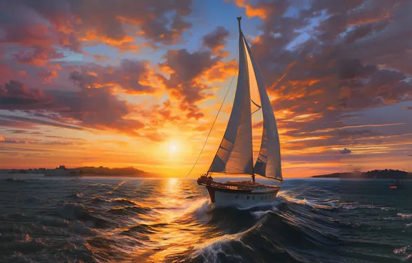 Sea, the sun, landscape, nature, ship, the evening, yacht