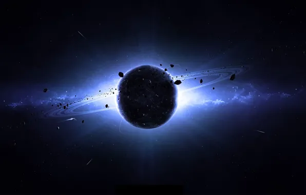 Space, planet, glow, ships, ring, asteroids, galaxy, planet