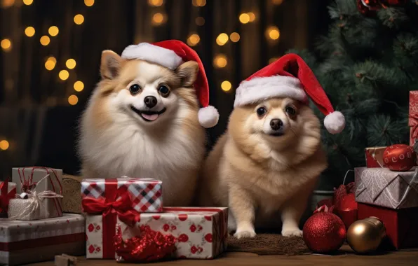 Dogs, look, lights, dog, Christmas, gifts, New year, a couple