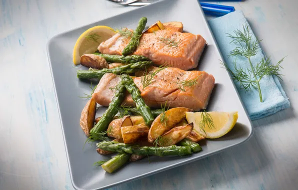 Lemon, fish, vegetables, dish