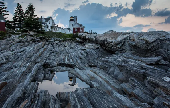 The sky, clouds, reflection, rocks, lighthouse, home, puddles, USA