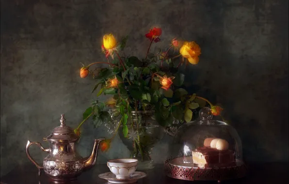Flowers, tea, bouquet, kettle, pie, mug, Cup, cake