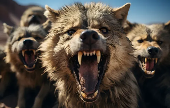 Look, Mouth, Fangs, Muzzle, Wolves, Digital art, Grin, AI art
