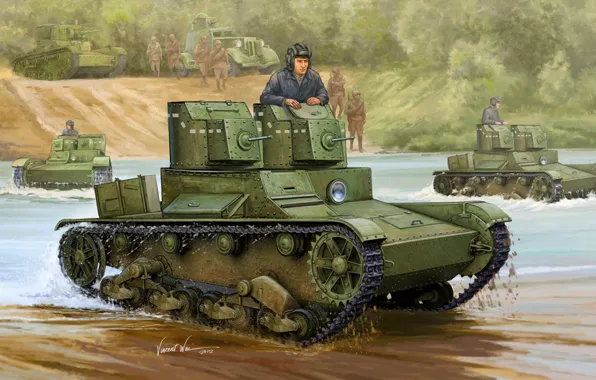 River, shore, art, soldiers, tanks, army, front, armor