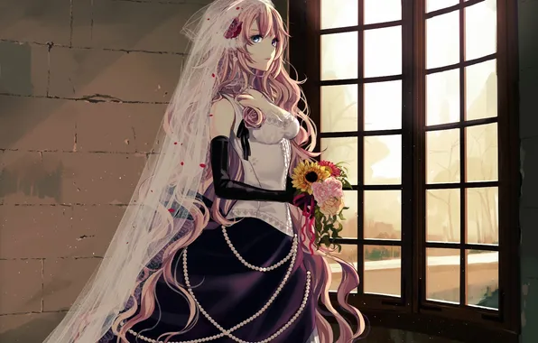 Girl, flowers, bouquet, dress, window, art, beads, vocaloid