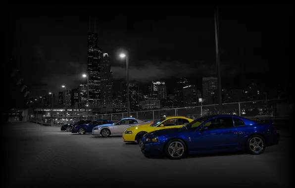 Picture machine, night, the city, black and white, lights, shelby