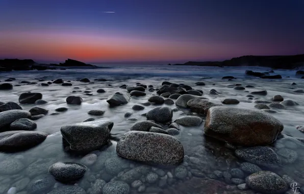 Sea, stones, dawn, shore, twilight