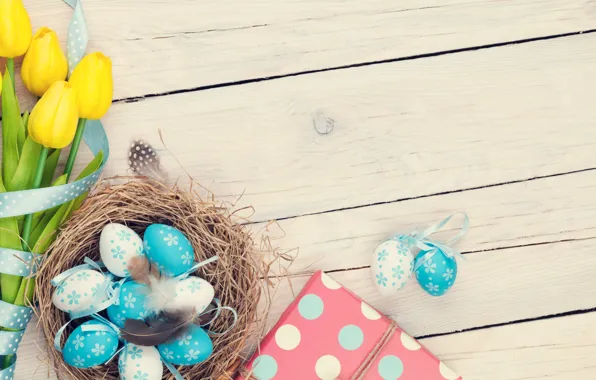 Easter, tulips, yellow, wood, tulips, spring, Easter, eggs