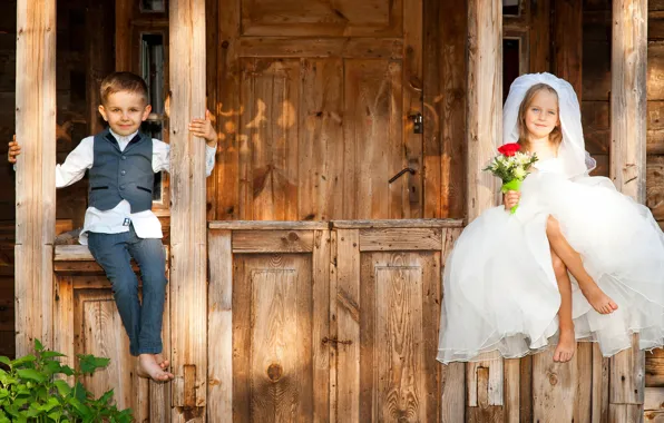 Children, smile, bouquet, boy, dress, girl, the bride