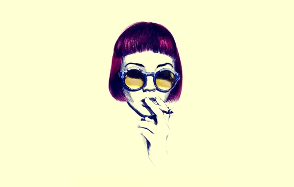 Eyes, girl, yellow, hair, glasses, cigarette, minimal, Smoking